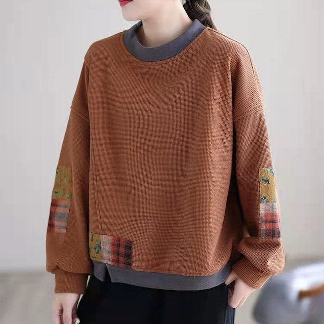 PATCHWORK TRIMMED ROUND NECK SWEAT SHIRT 3colors M-7961
