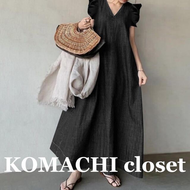 【送料無料】 デニムワンピース ロングワンピース フレアワンピース デニム 夏 カジュアル 黒 大きいサイズ 3XL 4XL 5XL 大人カジュアル 韓国 レディース オルチャン ロング丈 アンクル丈 フレアスリーブ 無地 Vネック 襟なし Aライン ゆったり フレア ワイド 楽ちん シンプル カジュアル レトロ 大きめ ゆる ぽっちゃり ブラック ネイビー ブルー 半袖 夏 春 体型カバー 休日 普段使い 母 30代 40代 50代 二の腕カバー 着痩せ 大人女子 オトナ女子 ママワンピース