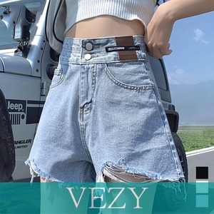 ダメージ加工デニムショートパンツ 韓国風 ホットパンツ ハイウエスト ショーパン ヴィンテージ風 デニム短パン カットオフ ボトムス ミニ丈ズボン 夏 パンツ スカート ベジー VEZY ItemNo.【19330195 】