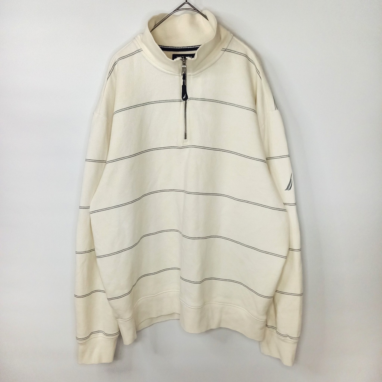ノーティカ　ハーフジップ　スウェット　トレーナー　ボーダー　刺繍　ホワイト　L