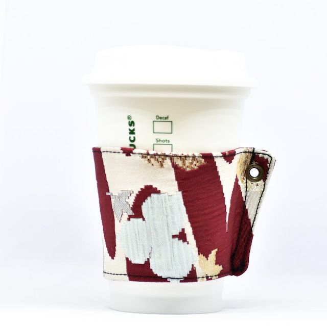 帯 カップスリーブ コーヒースリーブ リメイク 日本製 ワインレッド 花柄 刺繍 - cup sleeve
