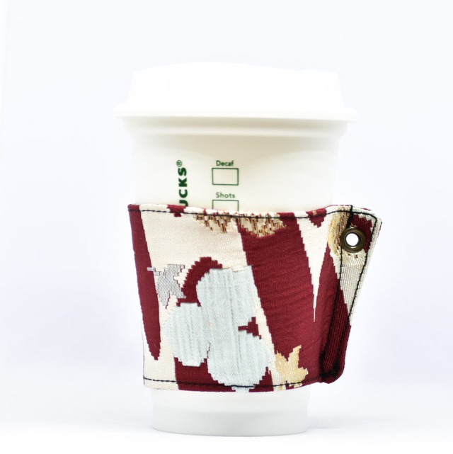 帯 カップスリーブ コーヒースリーブ リメイク 日本製 ワインレッド 花柄 刺繍 - cup sleeve