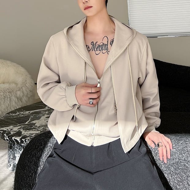 ジップアップパーカー ドロップショルダー フーデッド 2color MTO0376