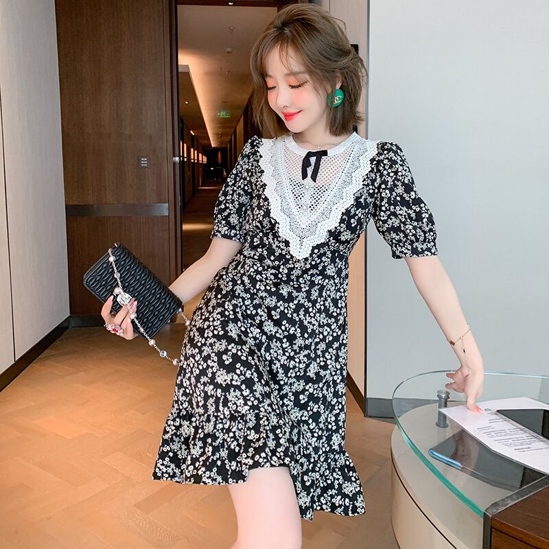 スタンダードプリント柄カラーレースウェストラッフルドレス サマー レトロ 夏物 MIUCO96443355064