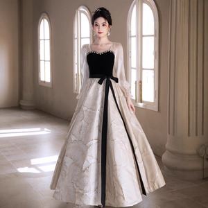 ロングドレス キャバドレス パーティードレス ベロア スクエアネック 長袖 フレアデザイン 二次会 披露宴 パーティー LW2-YZX027