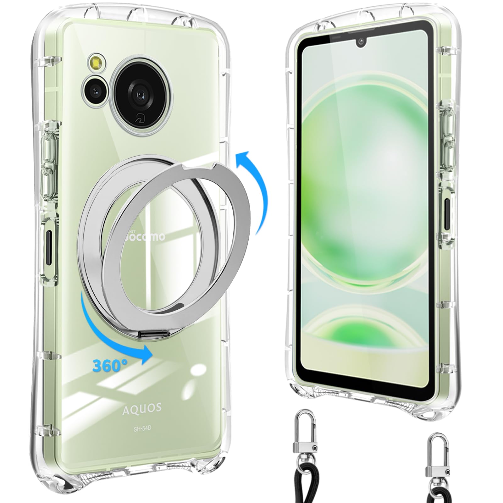 Loodoomo AQUOS Sense8 用の ケース クリア リング付き ショルダー センス8 SH-54D SHG11 肩掛け 全透明