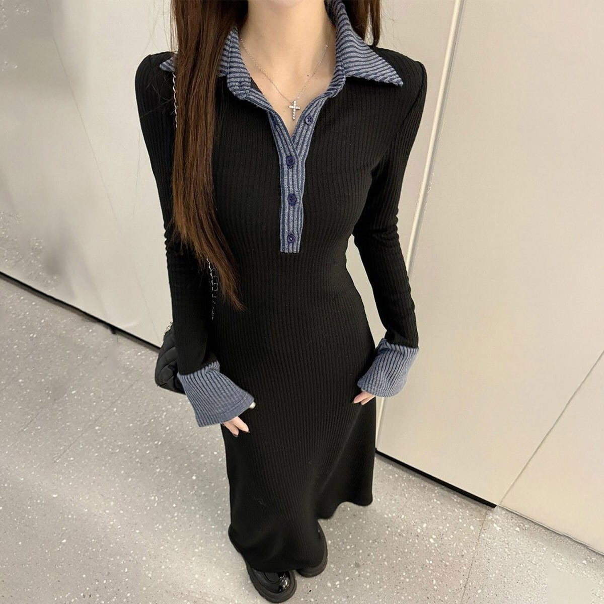 ポロ衿 ロングワンピース 長袖 レディース 春秋冬 韓国 ワンピース きれいめ 大人 かわいい カジュアル ハーフボタン 配色 ブラック 黒 リブニット ニットワンピース 大人可愛い 大人女子