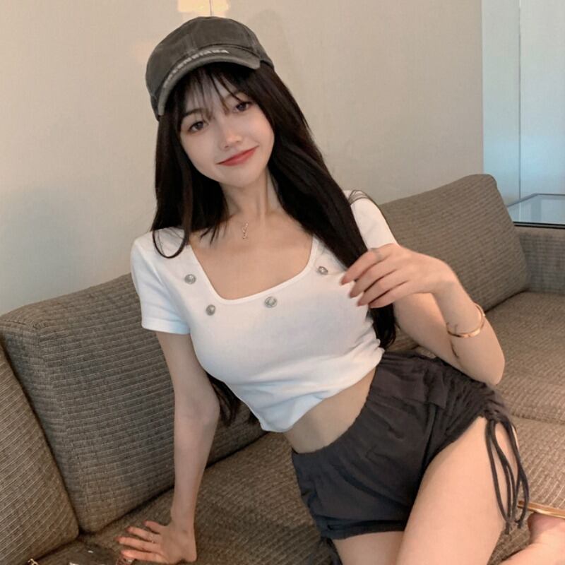 スタイルショートスリムTシャツ トップス レディース スクウェア ハンチェンe39171556398