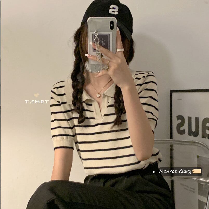 スタイル薄手カラーストライプニットセーター レディースサマートップス 夏物 モンロー77955763492