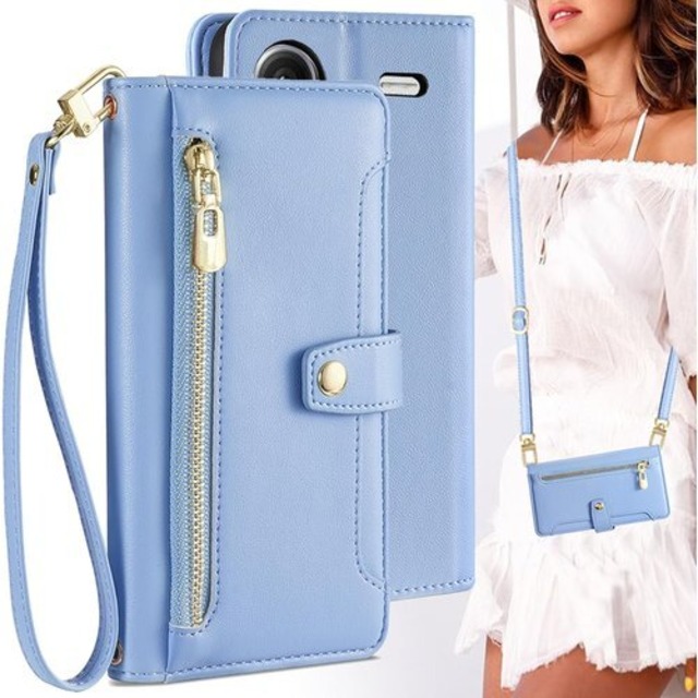 Xiaomi 適用 Redmi Note 13 Pro Plus 5G ケース 手帳型 レッドミ ノート 13 プロ プラス 5G ショルダー ポシェット スマホケース ストラップ 長+短 2本 手帳ケース 携帯カバー BonwFzin カード収納 バッグ マグネット スナップ 肩がけ 首掛け 斜め掛け ファスナー 耐衝撃 ストラップ付き スタンド カード カード入れ 浅い藍 ライトブルー 2507