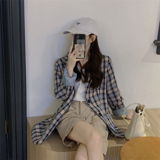 気持ちいい布地 韓国ファッション チェック柄 スーツ ジャケット デザインセンス ファッション 怠惰な風