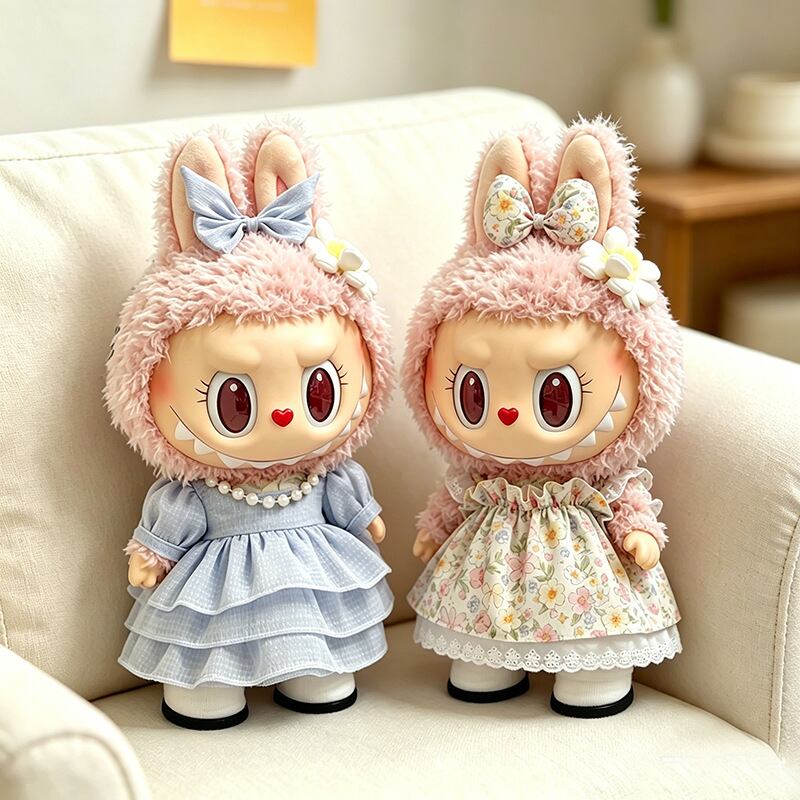 38cm Labubu対応 春夏 ブルー/花柄 ワンピース＋ヘアアクセサリー