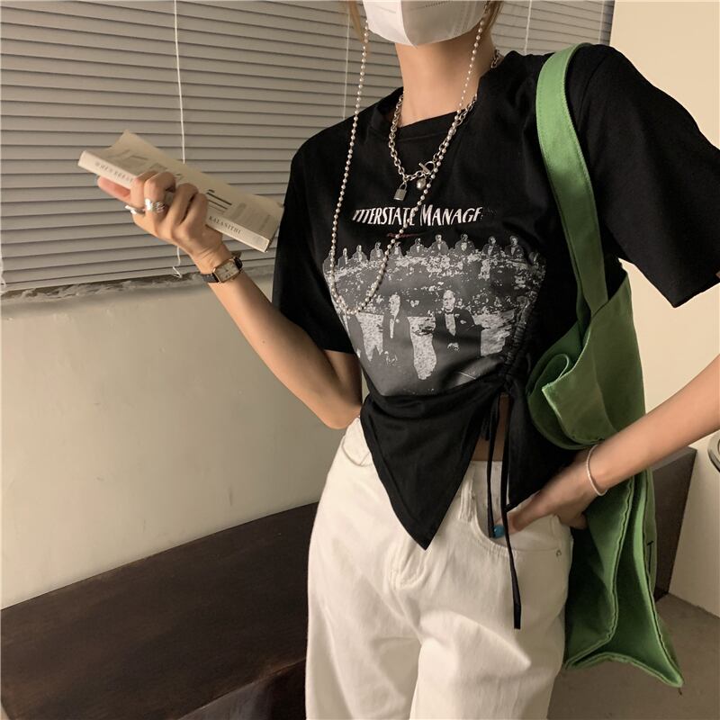 サマースタイルスタンダードプリント柄ギャザー薄手Tシャツ トップス レディース レトロ 大人ガーリー スウィート キュート カジュアル 夏物 YY-ファッション43607447118