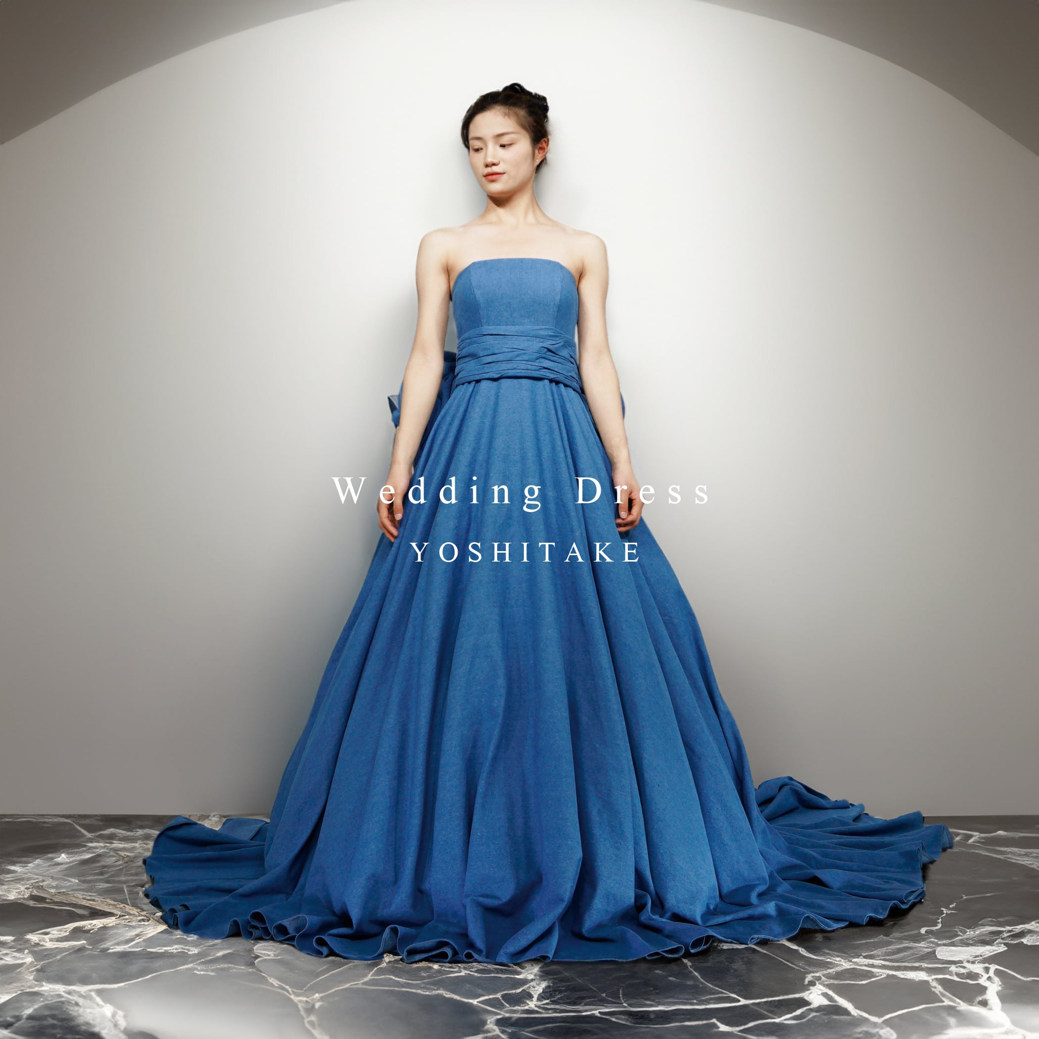【オーダー制作】ウエディングドレス(無料パニエ) 	ウエディングドレス.ブルー.カラードレス.デニム.Aライン.リボン ※制作期間4週間から8週間	Y2548