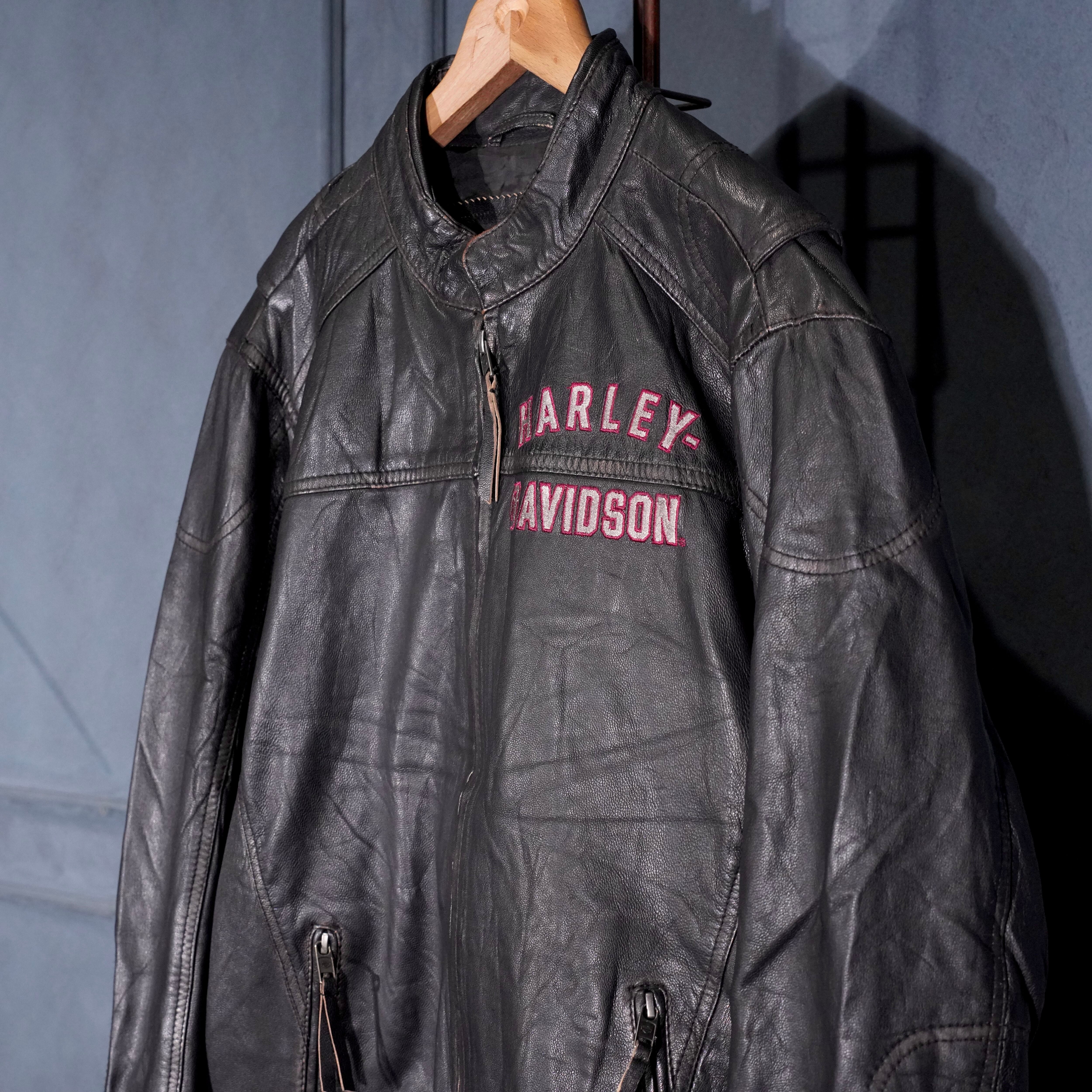 USA VINTAGE HARLEY DAVIDSON LOGO EMBROIDERY DESIGN ZIP UP LEATHER
