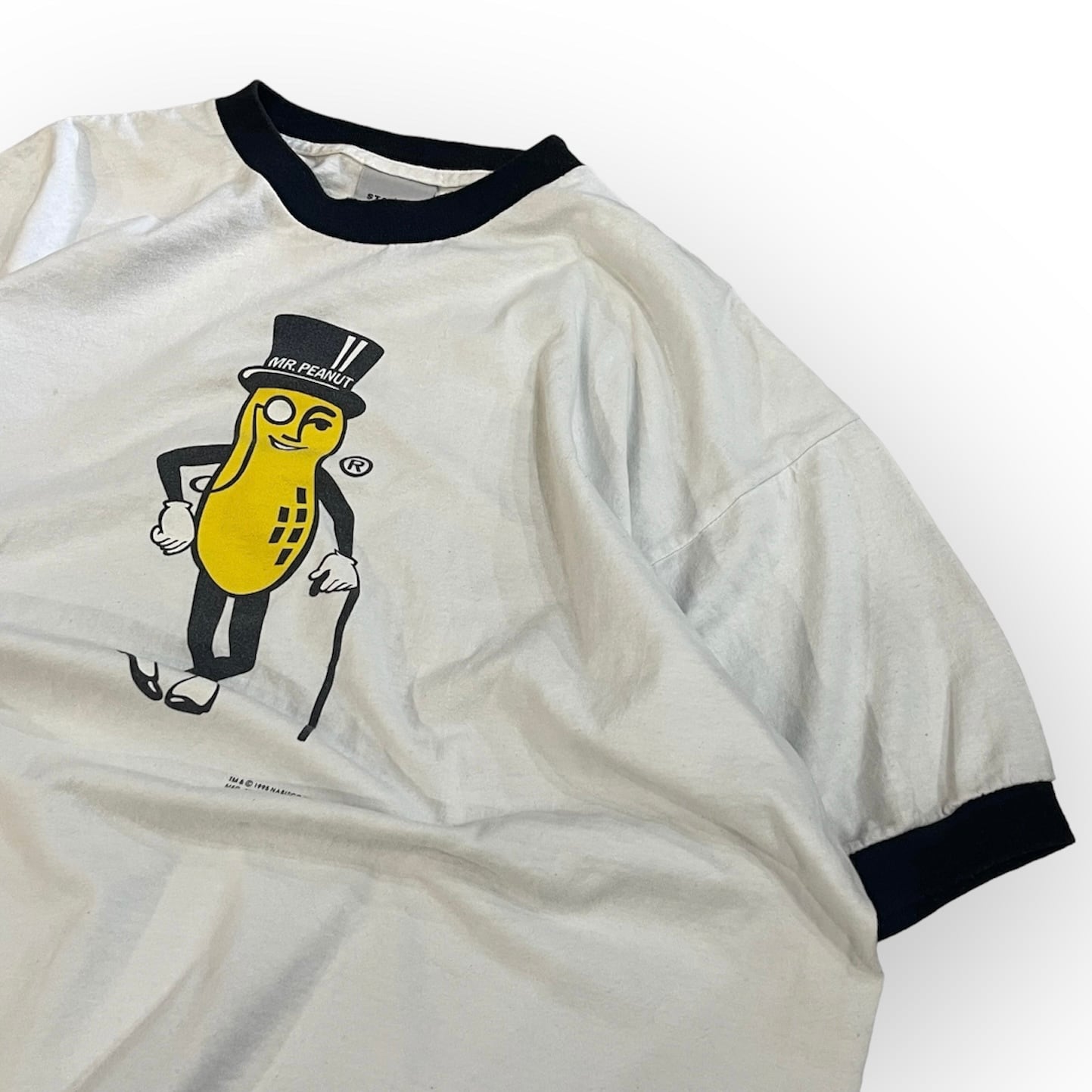 90年代 USA製 size:XL【 MR.PEANUT 】ミスター・ピーナッツ リンガーTシャツ リンガーT 企業T キャラT プリントT ホワイト  白 古着 古着屋 高円寺 ビンテージ