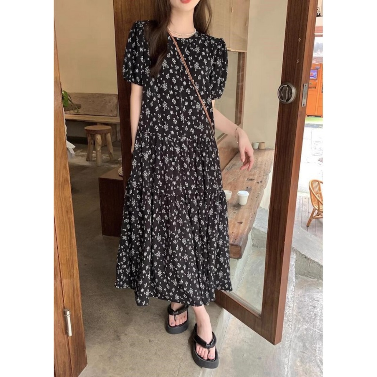 ラウンドネック花柄シフォンワンピース W00276