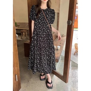 ラウンドネック花柄シフォンワンピース W00276