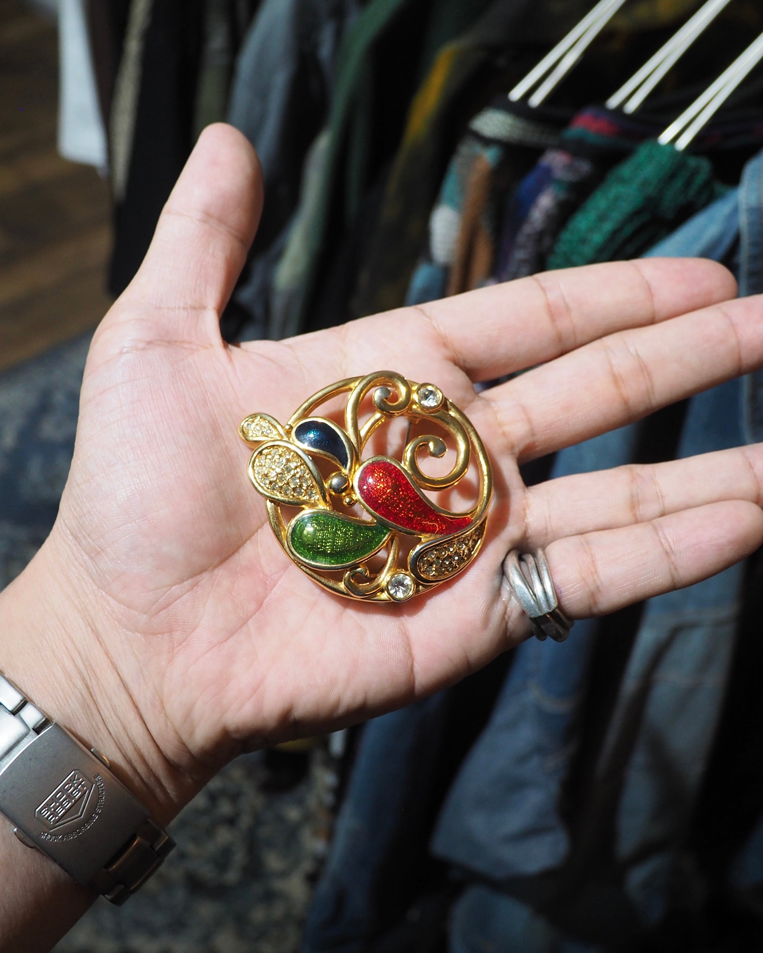 Colorful glass Paisley Decoration vintage Gold Brooch