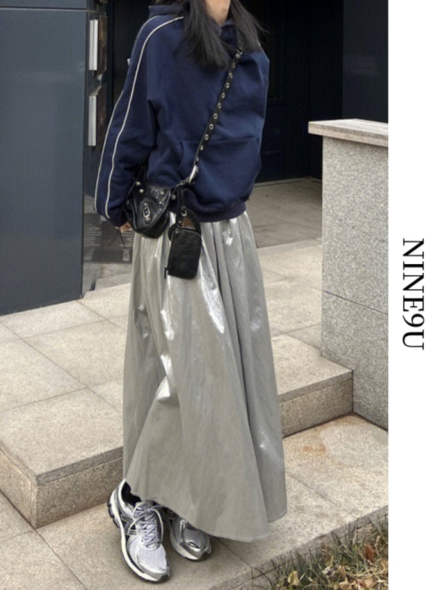 glossy fluffily long-skirt 【NINE6344】