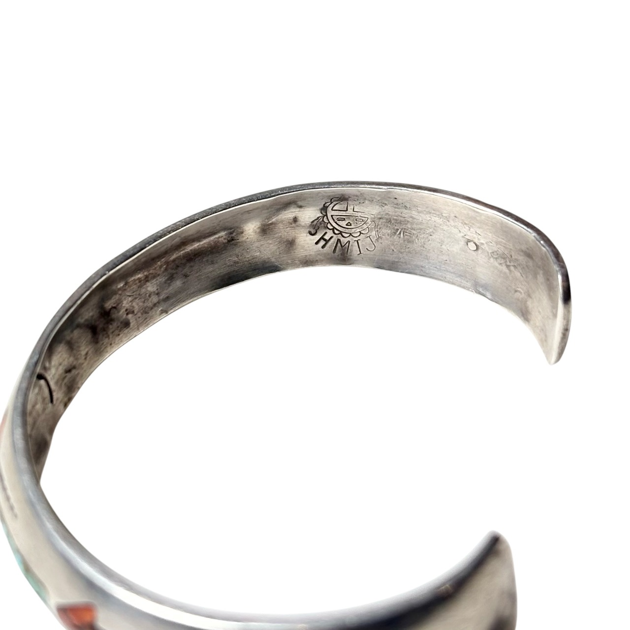 vintage turquoise & coral tip inlay silver bangle