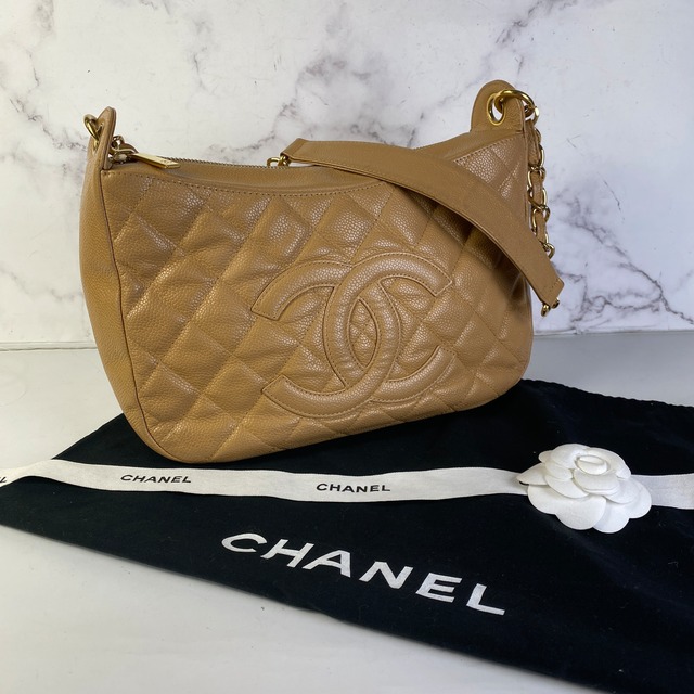 【最終処分SALE】CHANEL シャネル ココマーク  キャビアスキン ショルダーバッグ ベージュ A-7554