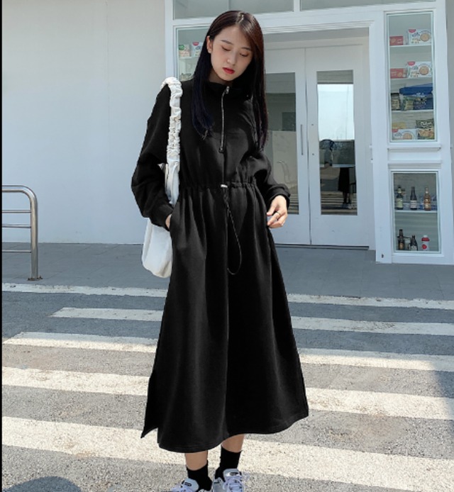 ワンピース 春夏ワンピース カジュアル ワンピース 長袖 ミドル丈 スタンドカラー ハイウエスト Aラインスカート スイングスカート ジッパー シンプル 春 代 30代 カジュアル 大人カジュアル ストリートファッション レトロ デートスタイル お出かけ デート H537