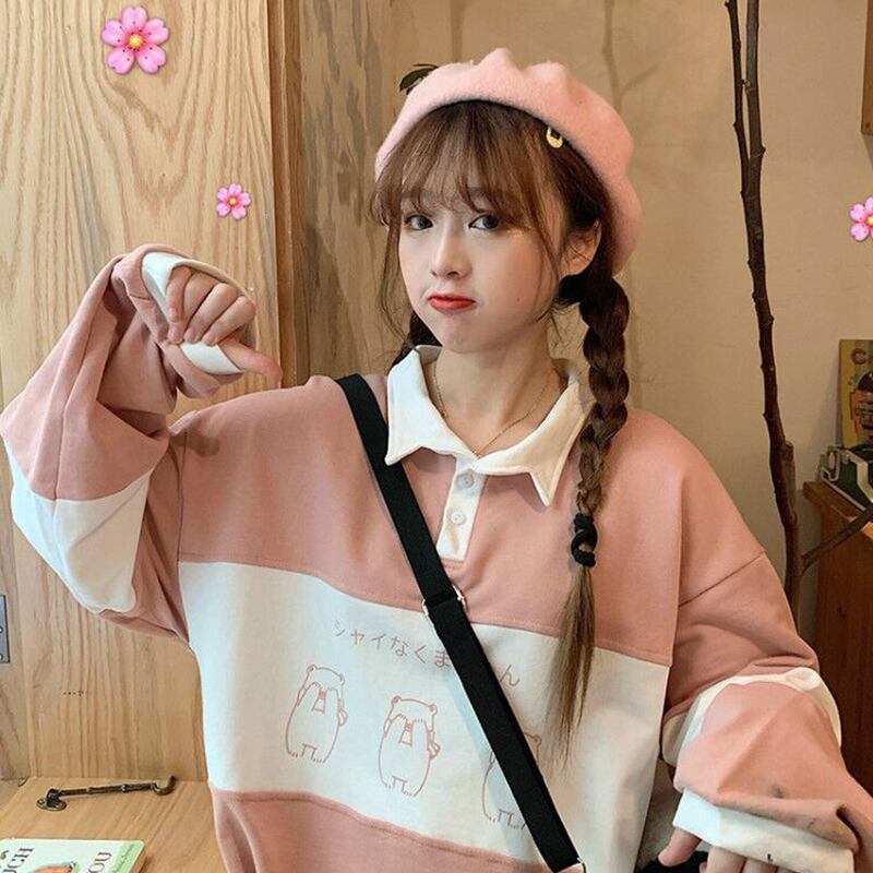 スタイルの小さな新鮮な女性のカラーマッチングセーター女性春と秋の薄いポロカラールーズプルオーバー長袖トップ 萌量不足24123614361