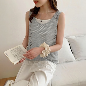 透かし編み メッシュ ニット レディース 春夏 韓国 透け感 重ね着 ジレ ベスト おしゃれ 大人 きれいめ かわいい 薄手 レイヤード 通気性 カジュアル 大人可愛い 大人女子
