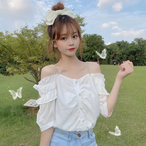 ✞ ストラップレスシフォンシャツブラウスラインストーンパールバックルシングルブレスト 大人ガーリー スウィート キュート カジュアル 真珠 ✞ゴスロリ SM ミリ 甘ロリ クラロリ 和ロリ エレガント 黒ロリ 姫ロリ 華ロリ BB-BB8436708