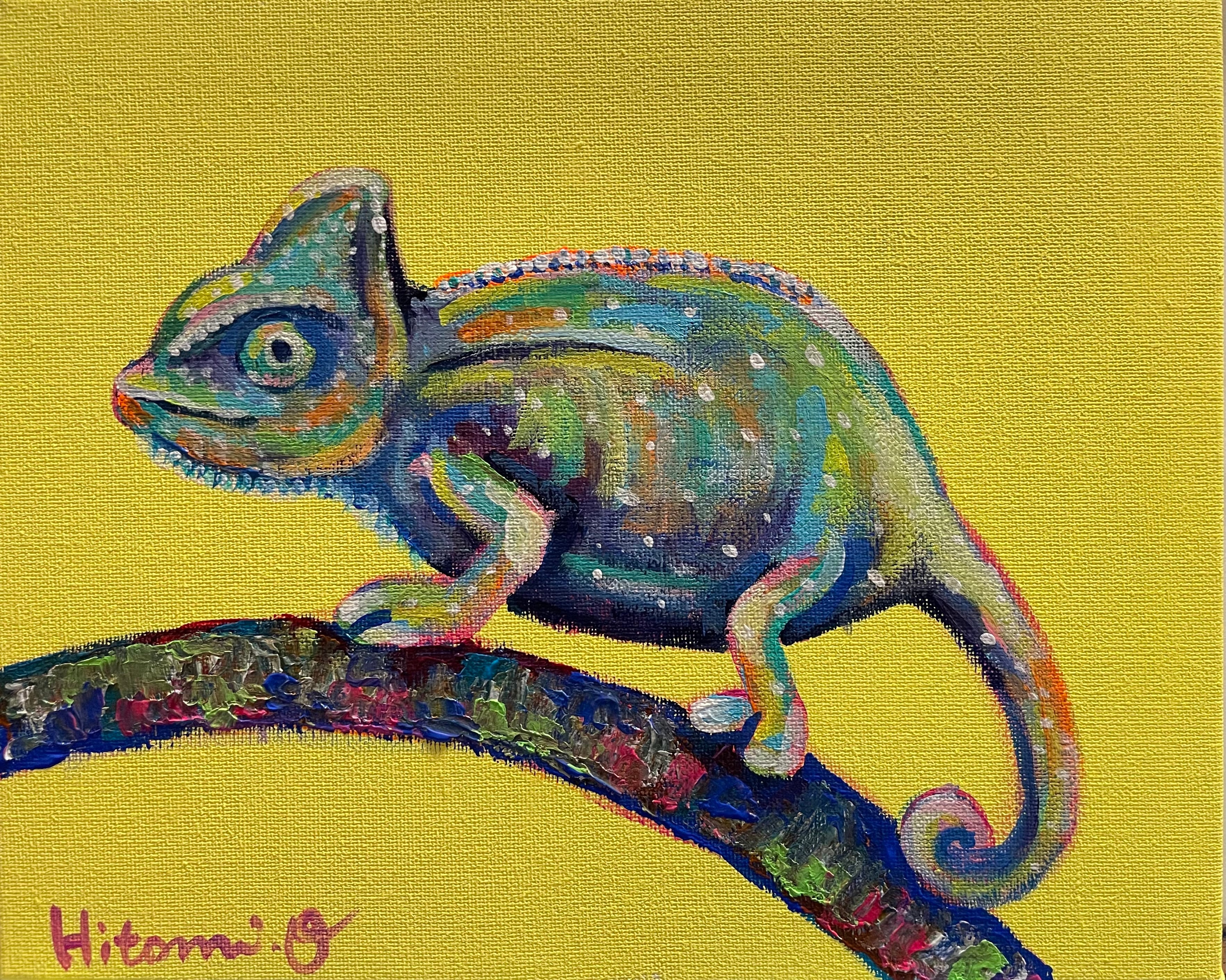 カメレオン　原画　動物画　絵画　アクリル画　現代アート　細密画　手描き　一点物 A-125/26】原画 絵画 動物画 カメレオン カラフル 27.3×22cmキャンバス