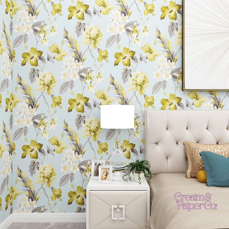 【切り売り】スカイブルー × イエロー Tropical flower FL1-778004MT for DIY 53㎝×10m リピート53㎝
