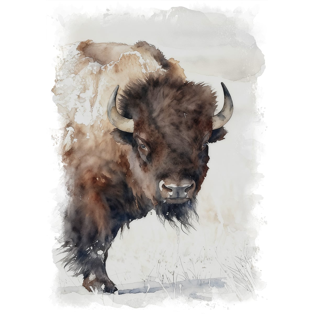 絵画 動物 アメリカバイソン インテリアアート額付き 水彩画・油絵調 WAT0640