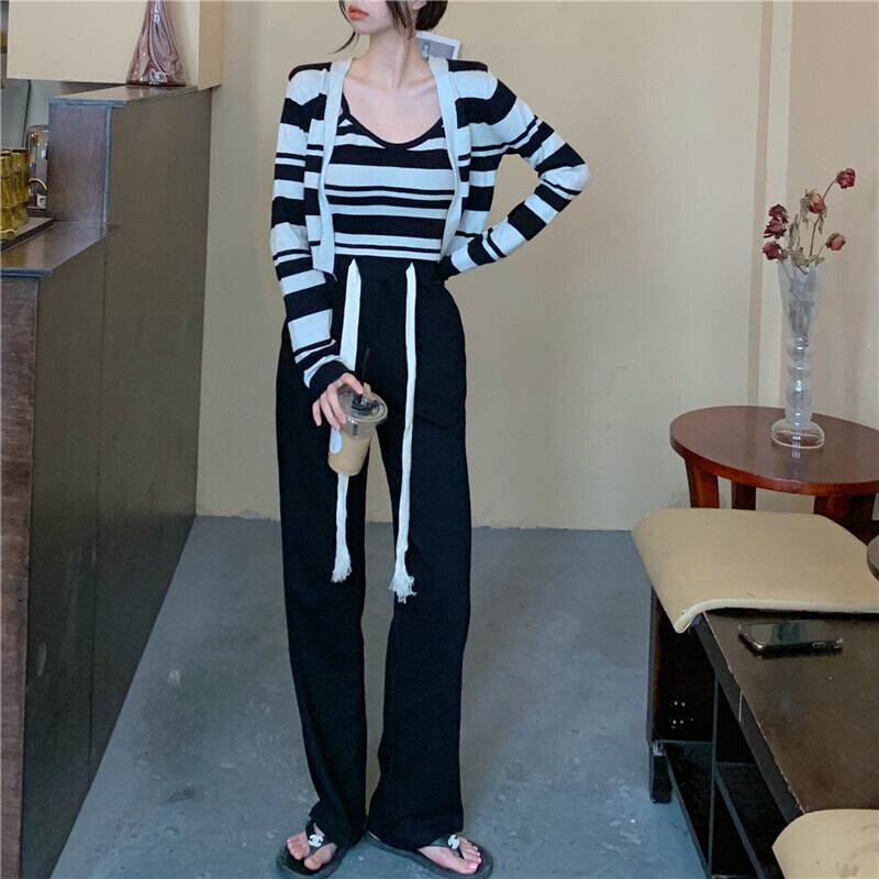 ストライプニットオータムカーディガンカジュアルハイウェストパンツ ロング 秋物 ガールズファッション39133035825