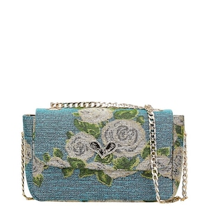 シンクビー 薔薇 バラ レオパード 斜め掛け チェーン ショルダーバッグ ブルー ベージュ コットンキャンバス ラインストーン レディース thinkbee 【中古】