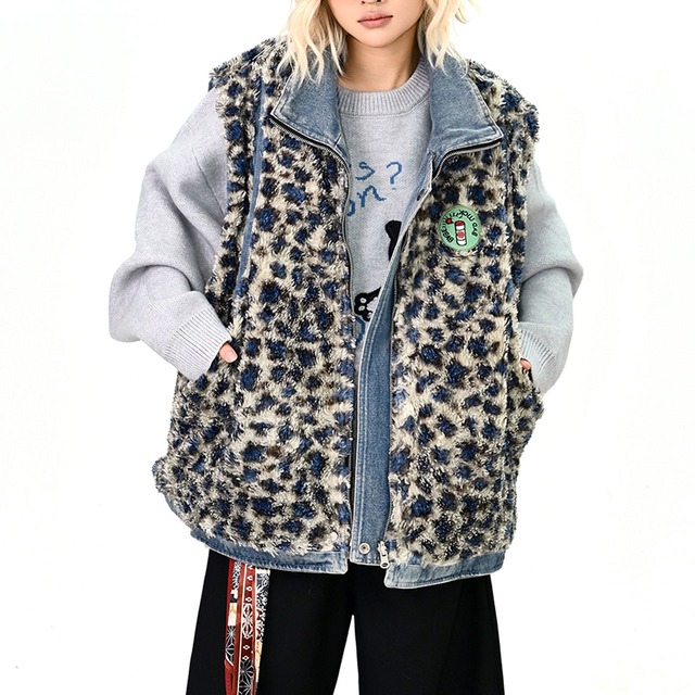 リバーシブルレオパードデニムベスト   R01167