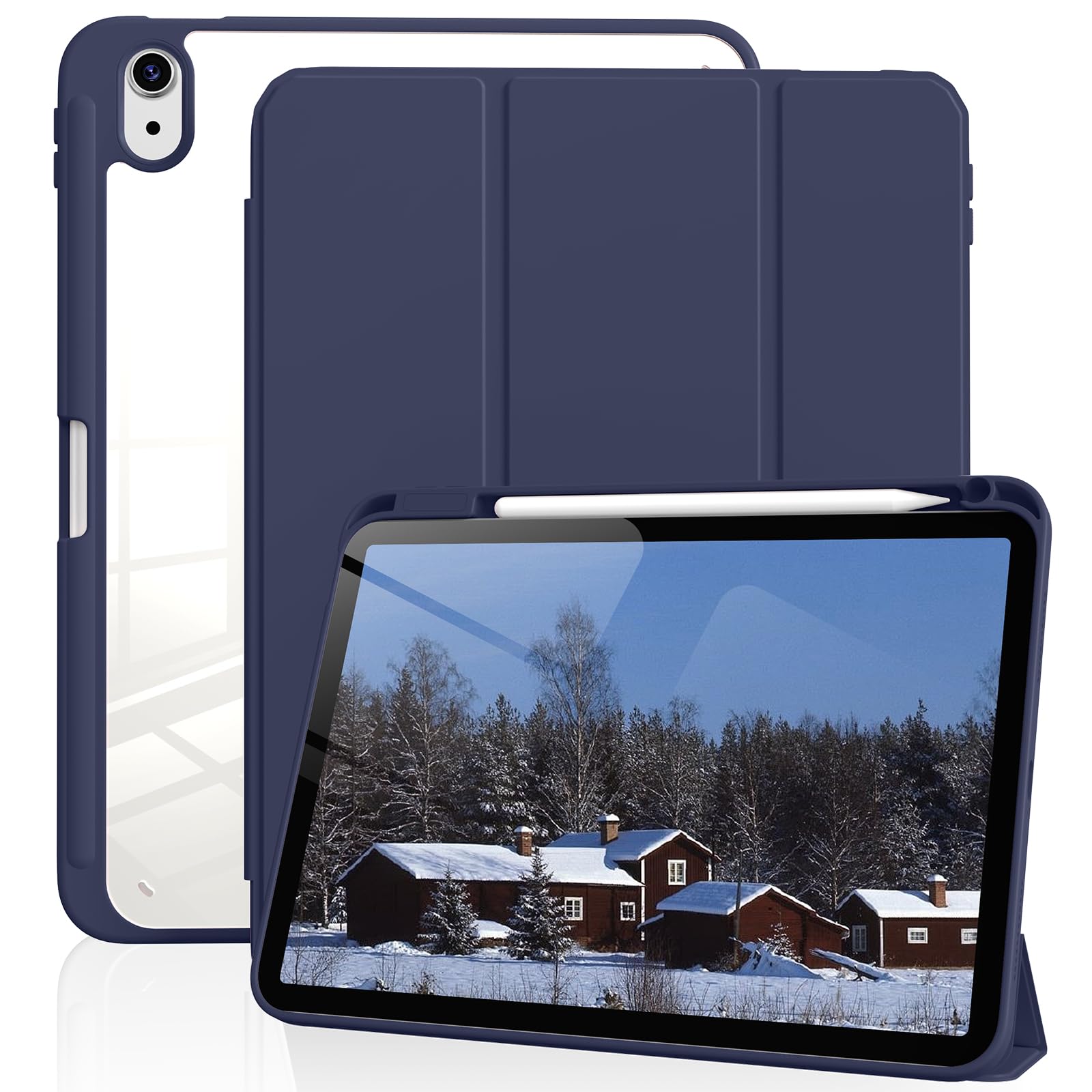 BFGTSJF iPad 第11世代 ケース iPad(A16)11インチ 2025/第10世代10.9インチ 2022通用, 透明 アクリル カバー ペンシルホルダー付き 三つ折りスタンド 収納 Pencil2収納 Touch IDと オートスリープ 機能対応薄型 軽量 耐衝撃 ネイビー