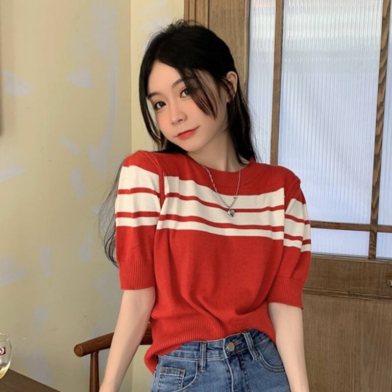 ストライプニットTシャツ レディースサマーレッドトップス 夏物 YY-ファッション71010779599