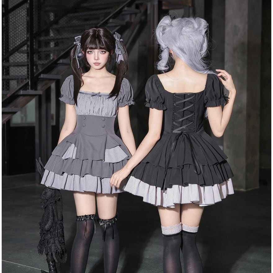 AND ROMEO ★ゴスロリワンピース ブラック×ホワイトとても素敵です♪ 蛍影にほどける黒リボン 三段フリルのダークガーリーワンピース3点