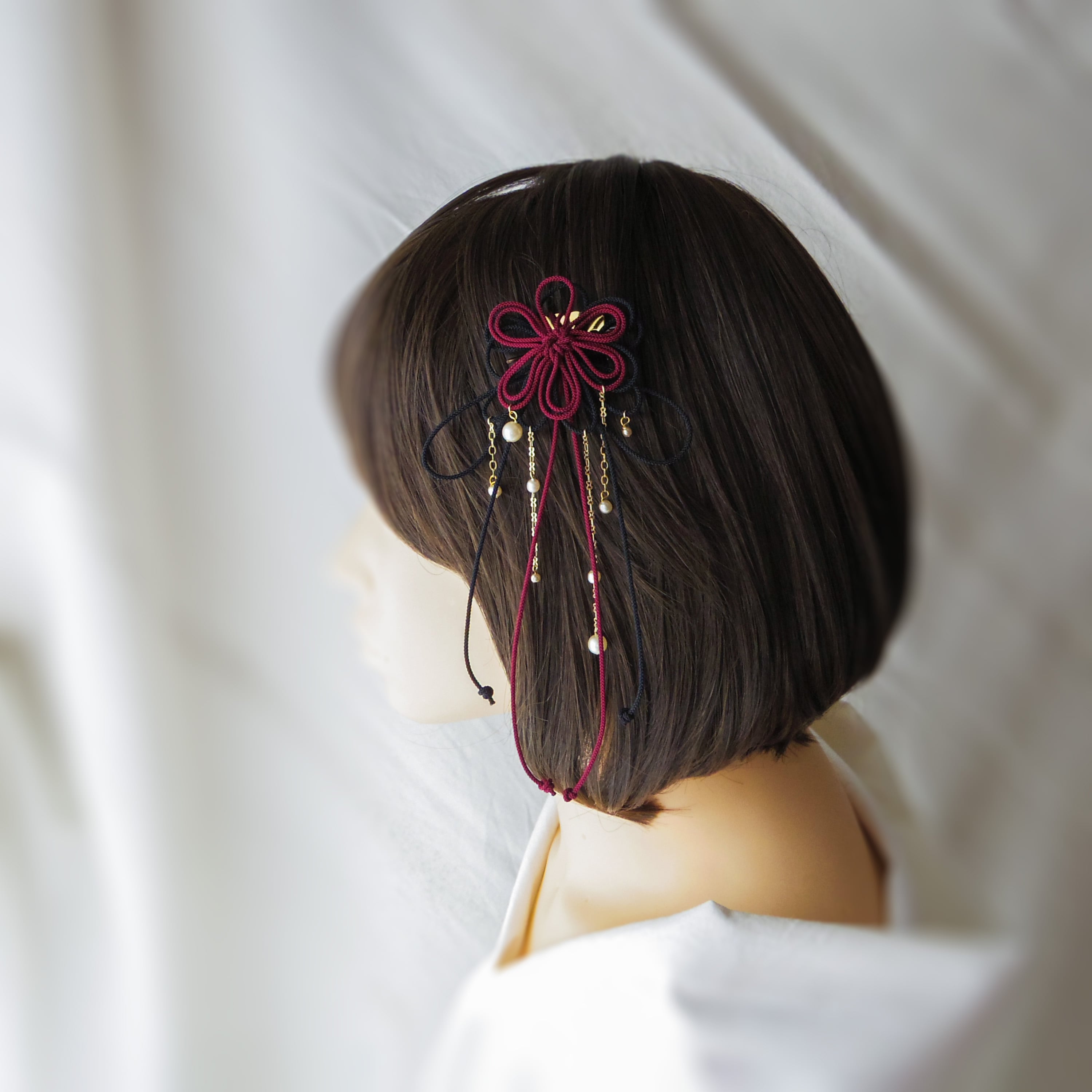 飾り結びヘアコーム(小)「爛、其レハ」(臙脂×黒)【軽量で簡単和装ヘア】浴衣・着物・七五三や成人式に。