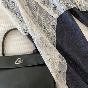 layered design lace flare denim pants J00162