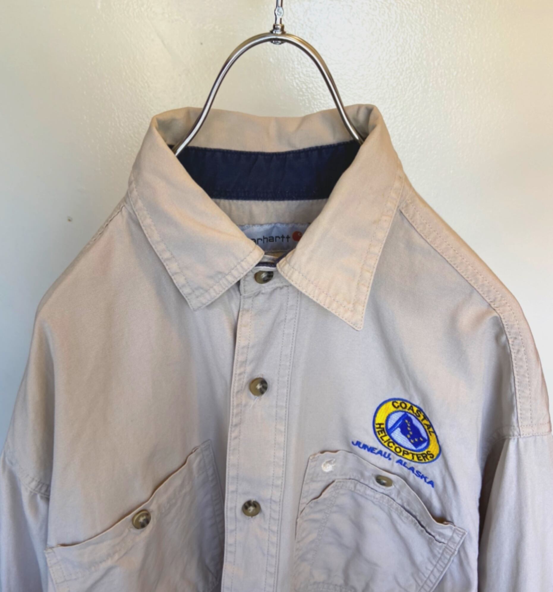 90s古着 Carhartt/カーハート 長袖ワークシャツ Cロゴ 刺繍ロゴ付きビッグシルエットシャツ