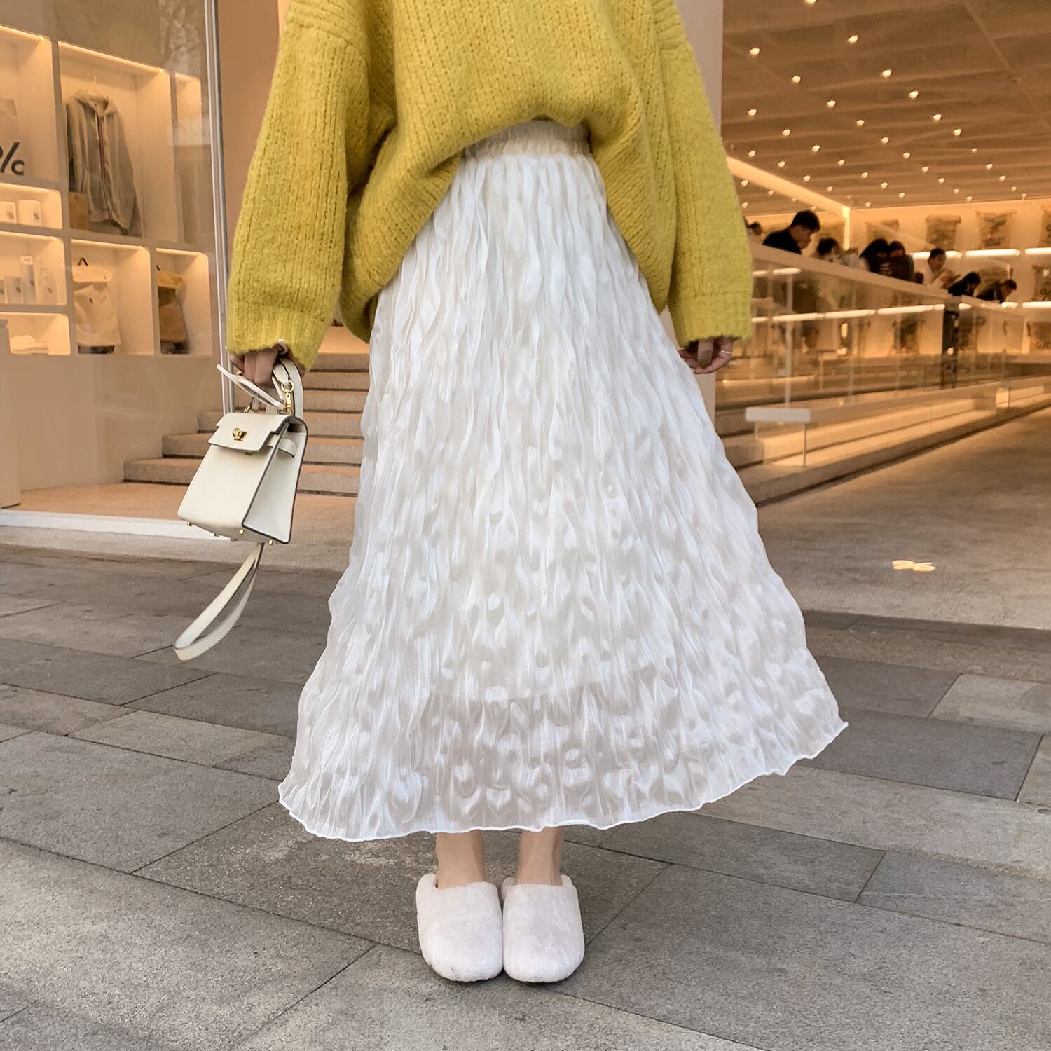 オータムハイウェストウェストシフォンスカート ホワイトAライン エレガント 秋物 6Du_Shop_Women1318999248