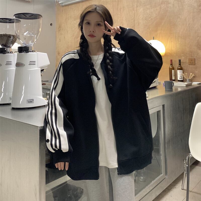 ジャケット アウター ブルゾン Bf風 サイドライン シンプル レトロ カジュアル デイリー オーバーサイズ 大人可愛い 韓国ファッション Luluca 韓国トレンドファッションluluca ルルカ