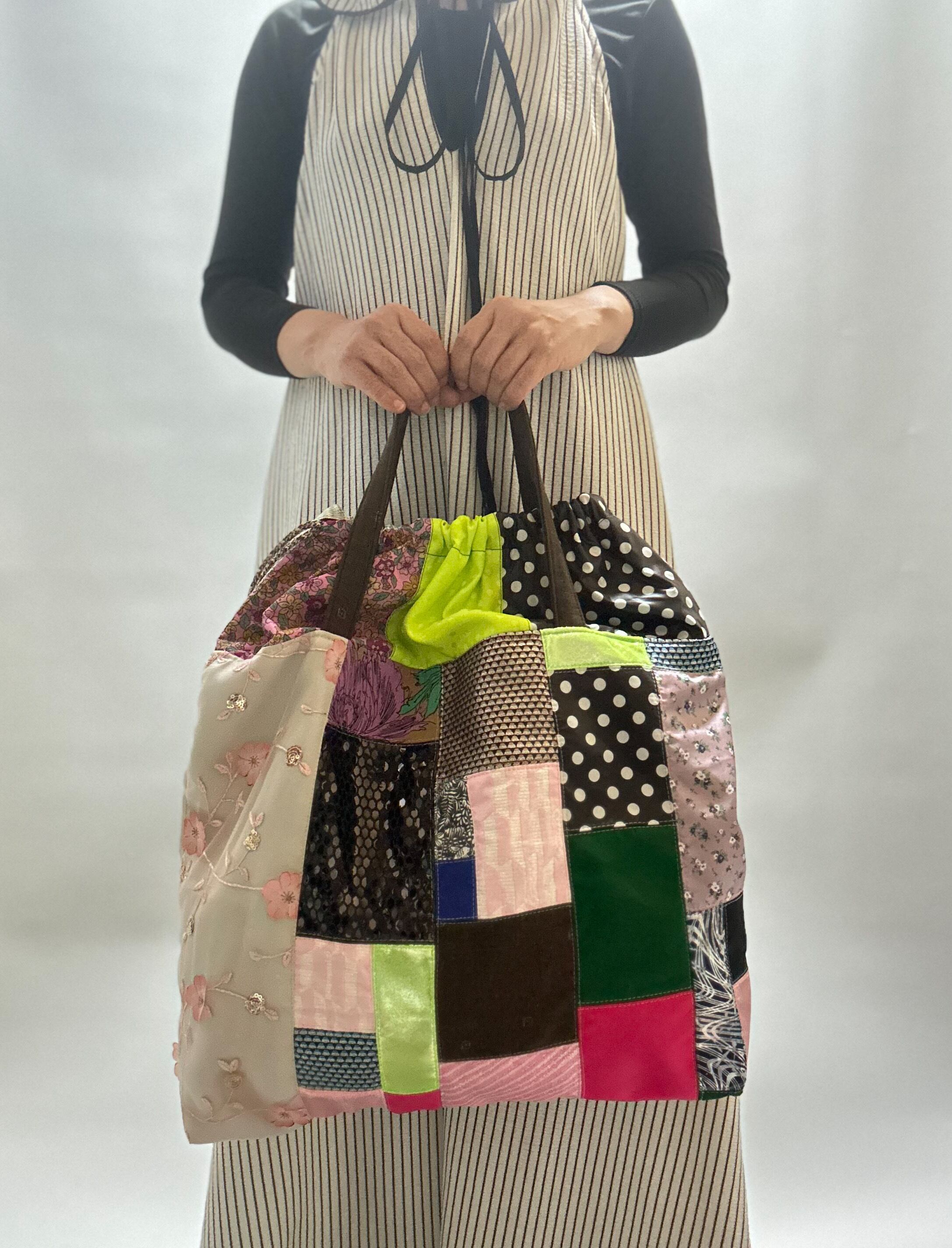 ハンドメイド　バッグ　パッチワークデザイン エコバッグ　トートバッグ パッチワークエコバッグ⑧ L #パステルピンクミックス | a Linden