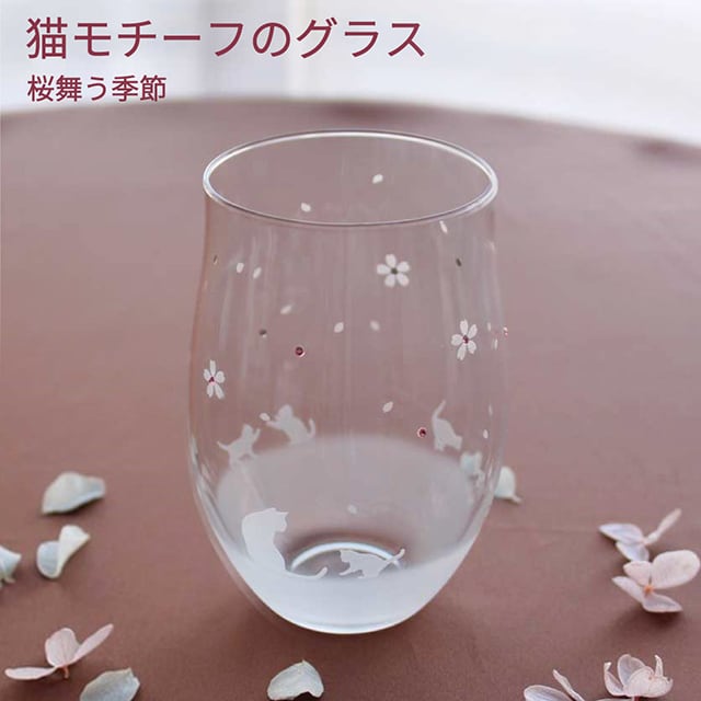 猫モチーフグラス 【 桜舞う季節 】 名入れ 薄くて軽い強化ガラス 猫グッズ ギフト アトリエキース