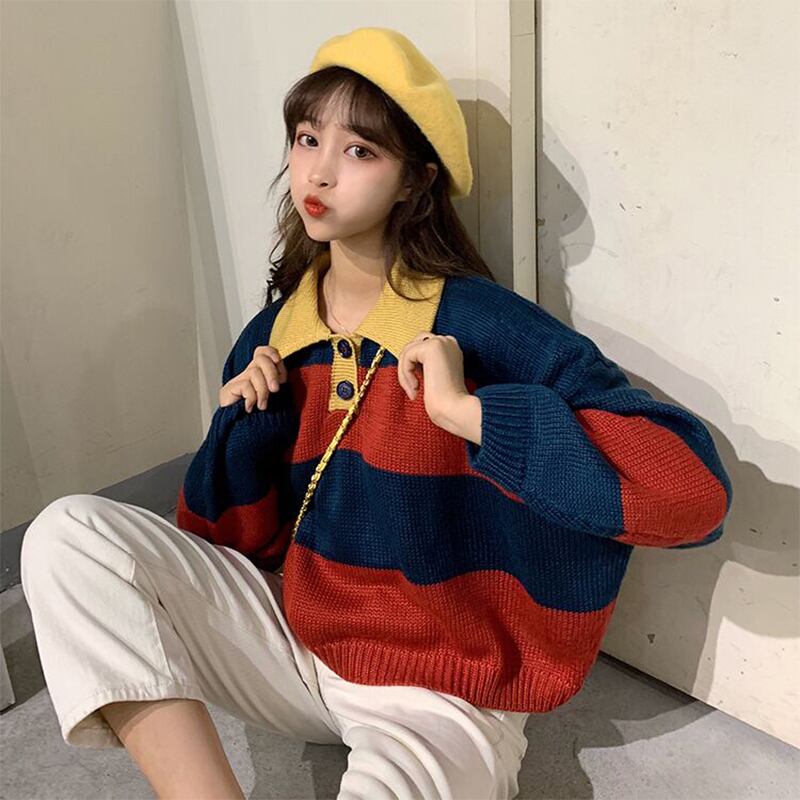 オールマッチの薄い春秋ルーズセーターレディース秋着アウターカラーマッチングストライププルオーバーPOLO襟長袖セータータイド 萌量不足87784782672