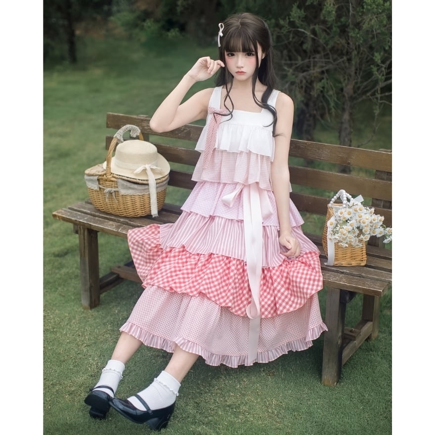 ガーリー 甘ロリ｜ピンク段フリルキャミワンピ（腰帯付）避暑地・お茶