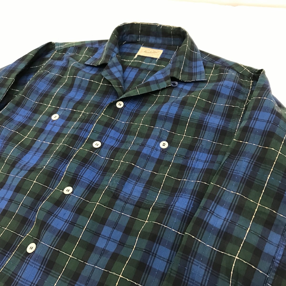 MANHATTAN マンハッタン 50〜 60年代 立体 縫い飾り チェック シャツ オープンカラー シャツ L 長袖