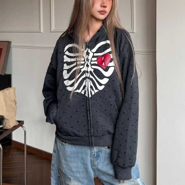 dot skeleton heart zip-up hoodie　ドットスケルトンハートジップアップフーディー　J2132
